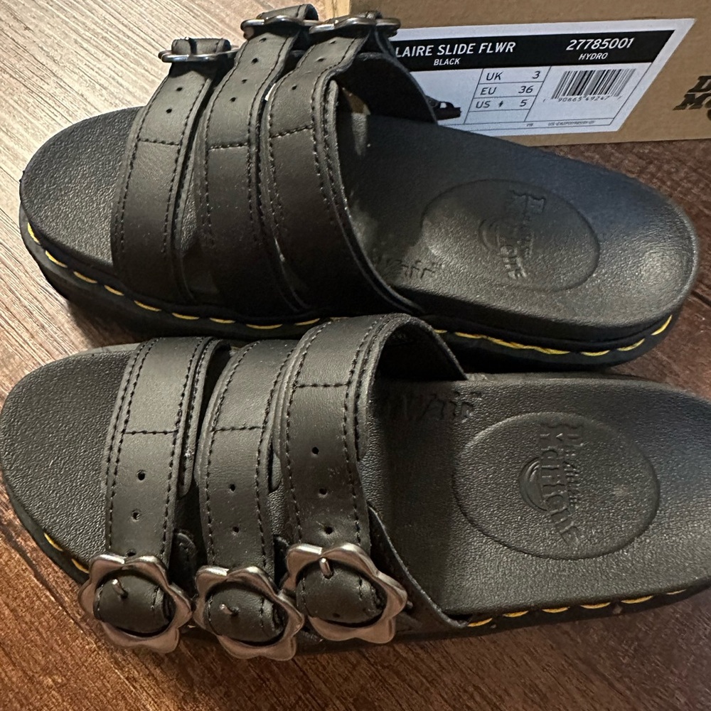 Dr. Martens Black Blaire Slide Sandals with Flower Buckle